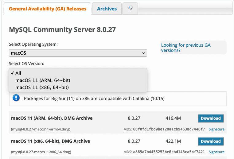 En la página de descargas de MySQL macOS, un cuadro rojo describe “macOS 10.15 (x86, 64 bits), DMG Archive” y hay un botón azul “Download (Descargar)”.