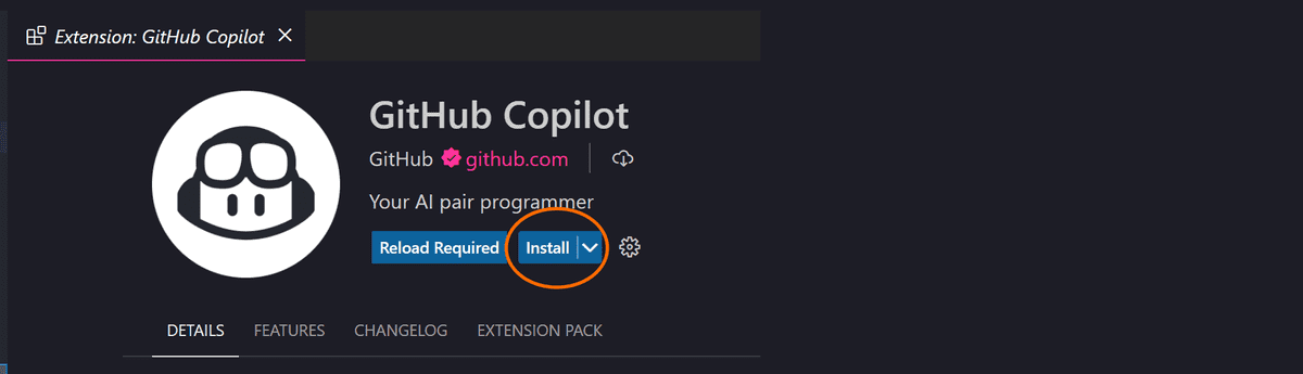 In the GitHub Copilot extension tab, the Install button is highlighted by an orange ellipse.