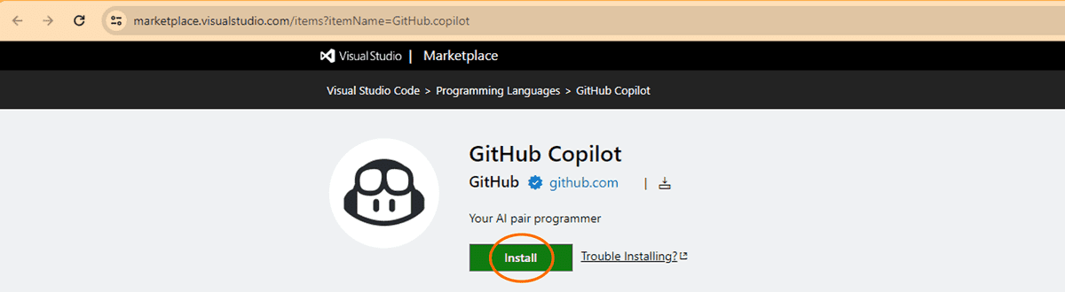 On the GitHub Copilot extension page, an orange ellipse outlines the "Install" button.