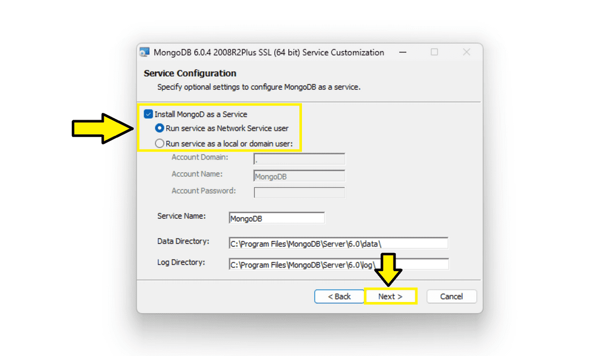 Service Configuration window shows Install MongoD as a Service and the Next highlighted in green, indicating they should be clicked.
