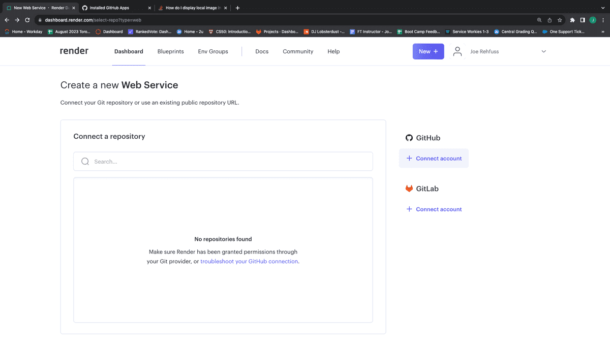 Screenshot of the Render create web service page. A link with the text "+ Connect account" is on the Right side of the page, under a heading with an icon of the Github logo and the text "GitHub".