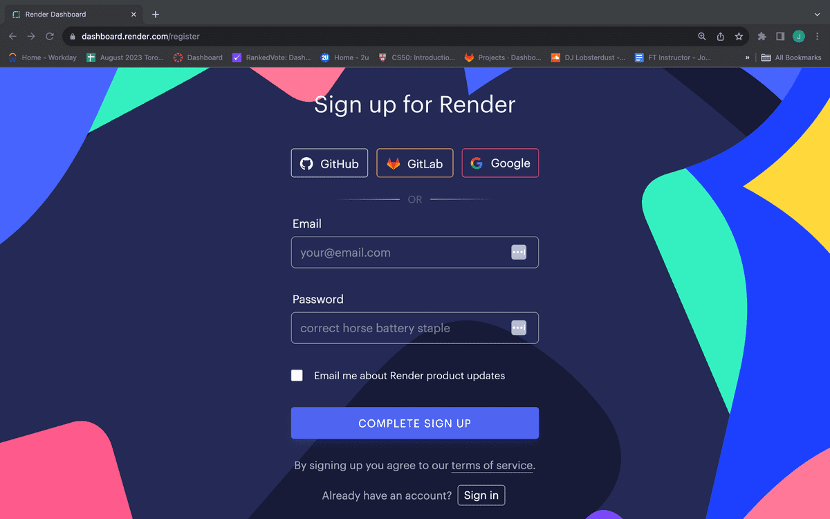 Screenshot of the Render sign up page.  A button with the text "GitHub" is near the top of the page, under a heading with the text "Sign up for Render".