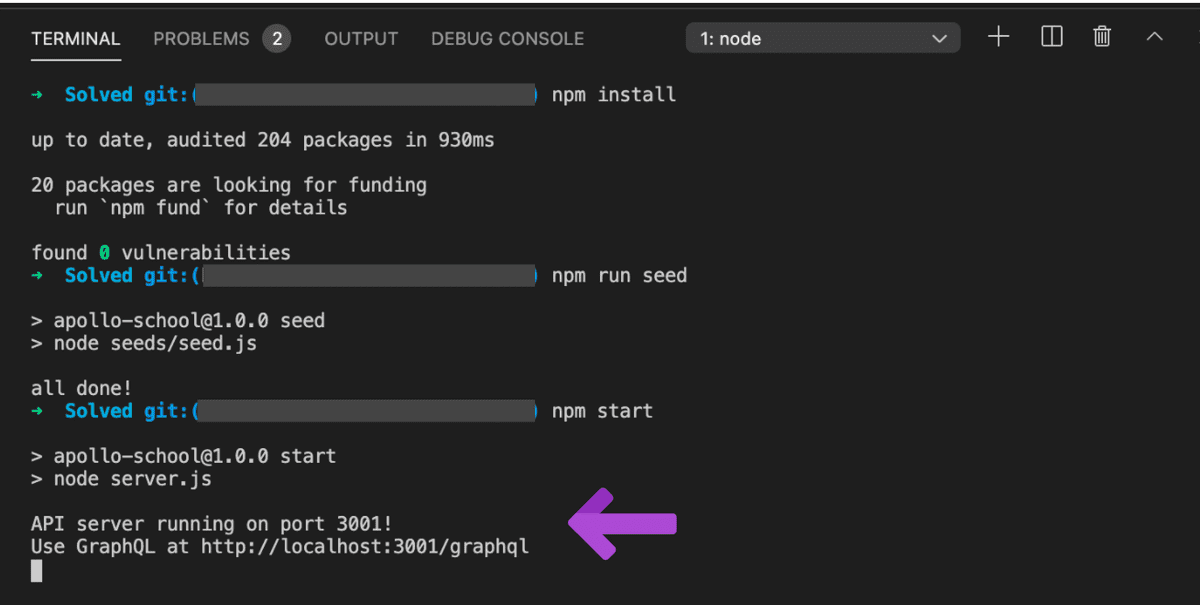 Una terminal muestra varios comandos npm que se ejecutan con un mensaje que indica que el servidor de interfaz de programación de aplicación (API) se está ejecutando en el puerto 3001 y proporciona instrucciones para usar GraphQL en la URL http://localhost:3001/graphql.