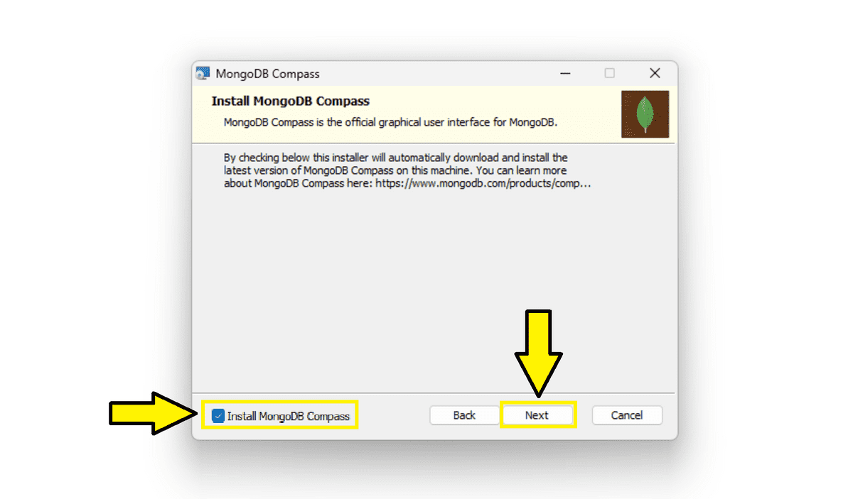 Install MongoDB Compass window with that checkbox checked. The Next button in the lower right corner of the window is highlighted, indicating it should be clicked.