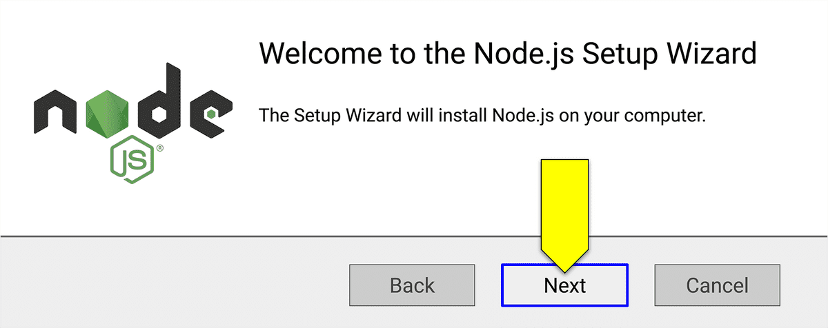 Asistente de configuración de Node.js con el botón Siguiente resaltado
