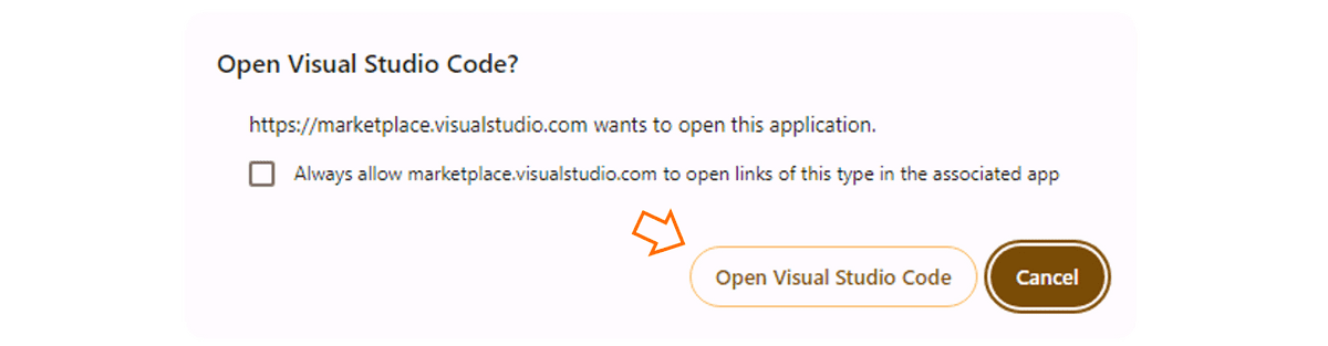 An orange arrow points to the Open Visual Studio Code button.