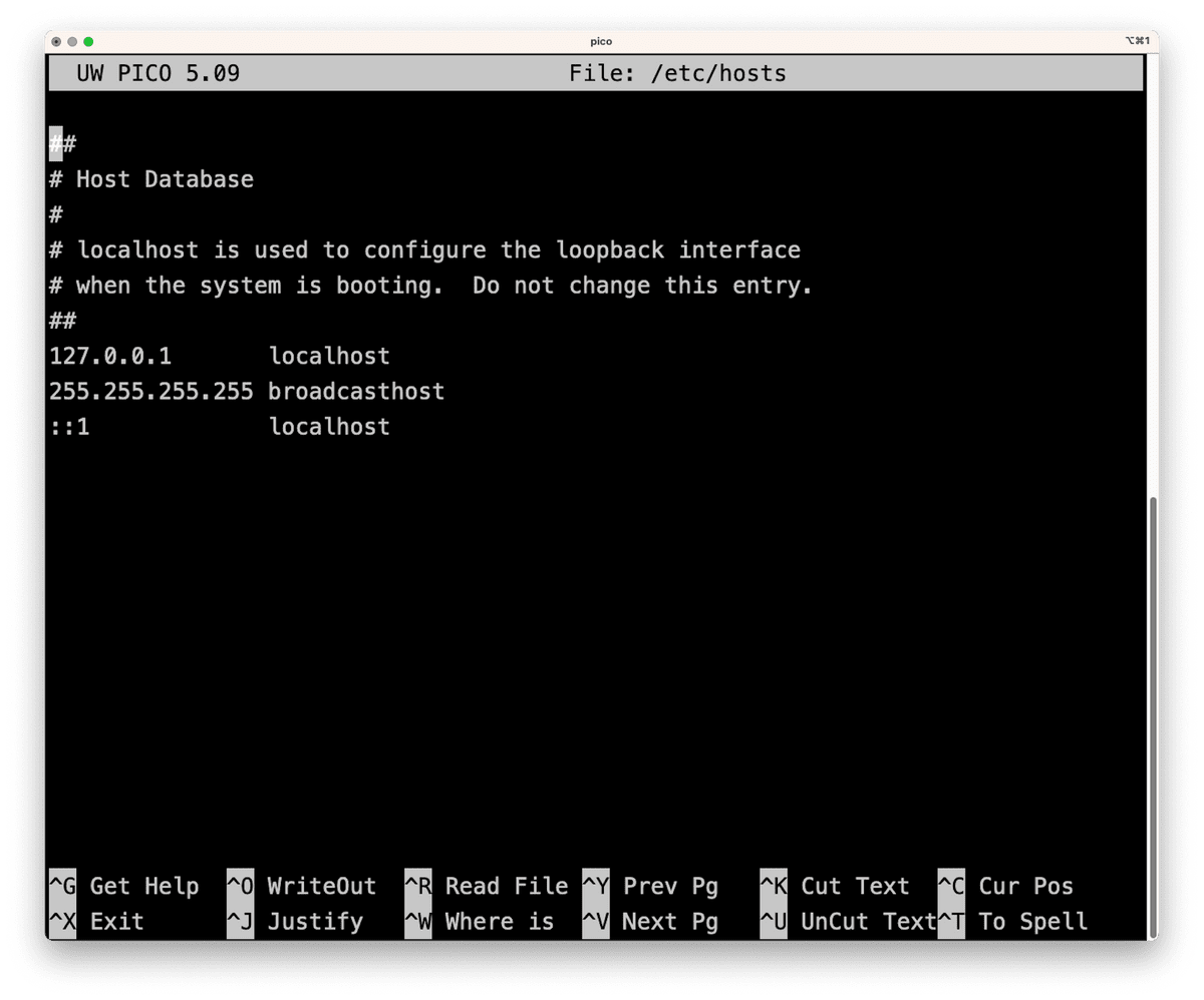 A screenshot of the hosts file in a macOS environment.