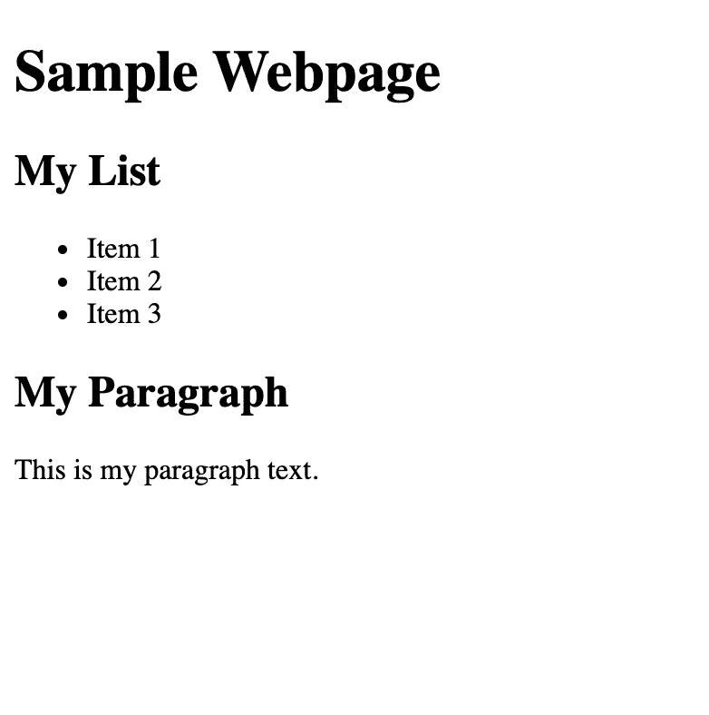 A screenshot illustrates a basic HTML webpage that features only text without styling.