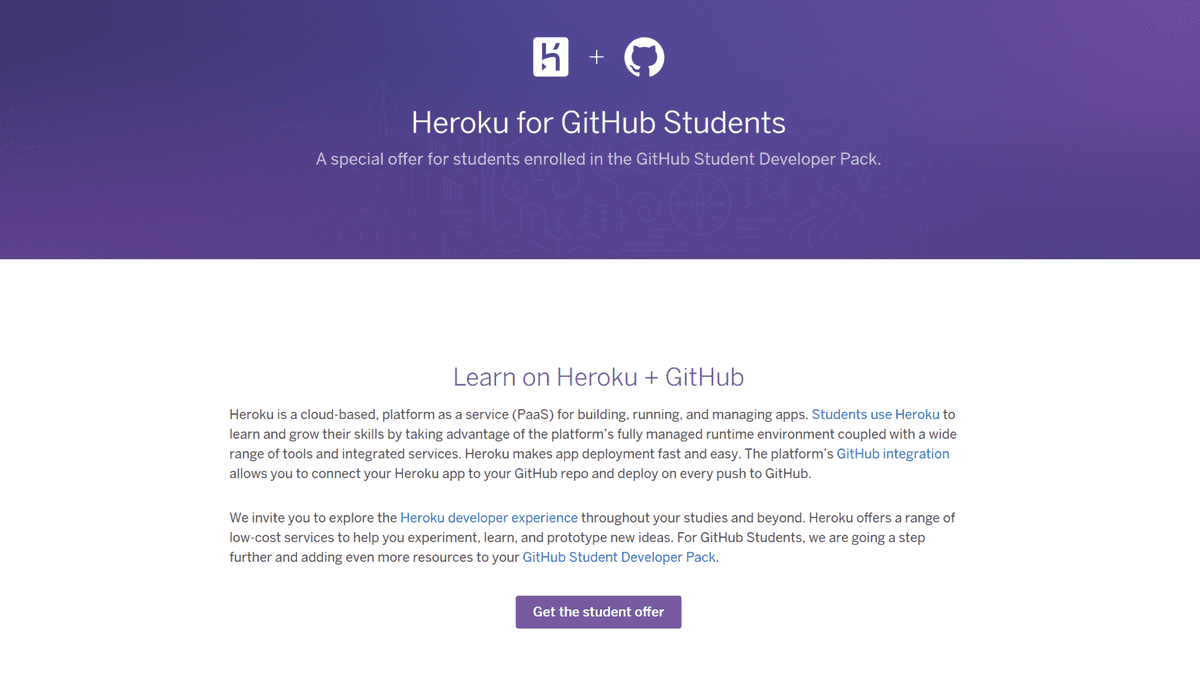 Descripción de lo que es Heroku como una plataforma con un botón con el texto "Get the student offer".