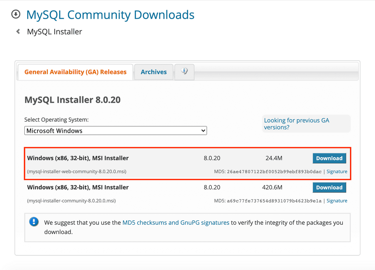 En la página de descargas del instalador MySQL, un cuadro rojo describe “Windows (x86, 32-bit), MSI Installer (Windows [x86, 32 bits], instalador MSI)” y un botón azul, “Download (Descargar)”.