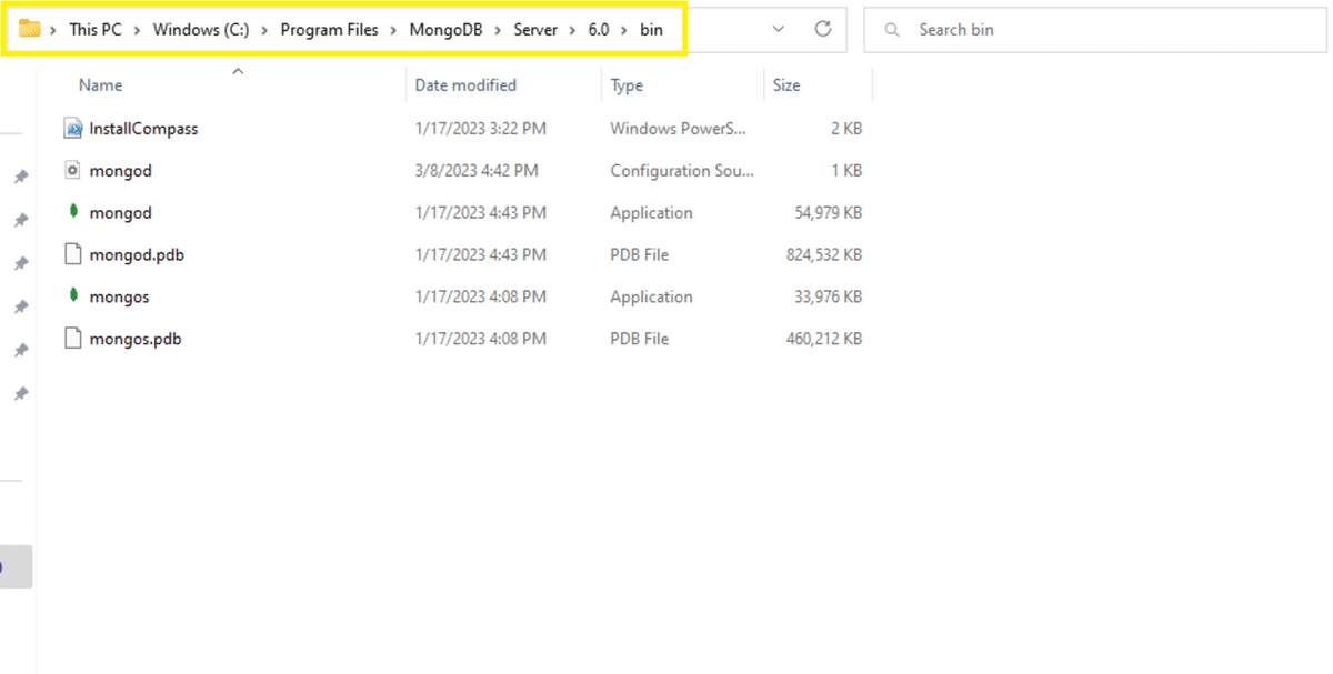 Windows Explorer window shows the files inside "This PC / OS (C:) / Program Files / MongoDB / Server / 6.x / bin".