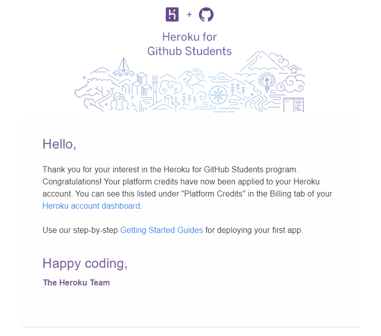 Email from Heroku confirming platform credits have been applied to the Heroku account.