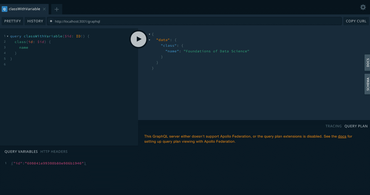 The GraphQL Playground is shown with a query using the `$id` variable on the left side in the text editor and a response displayed in the right side of the playground.