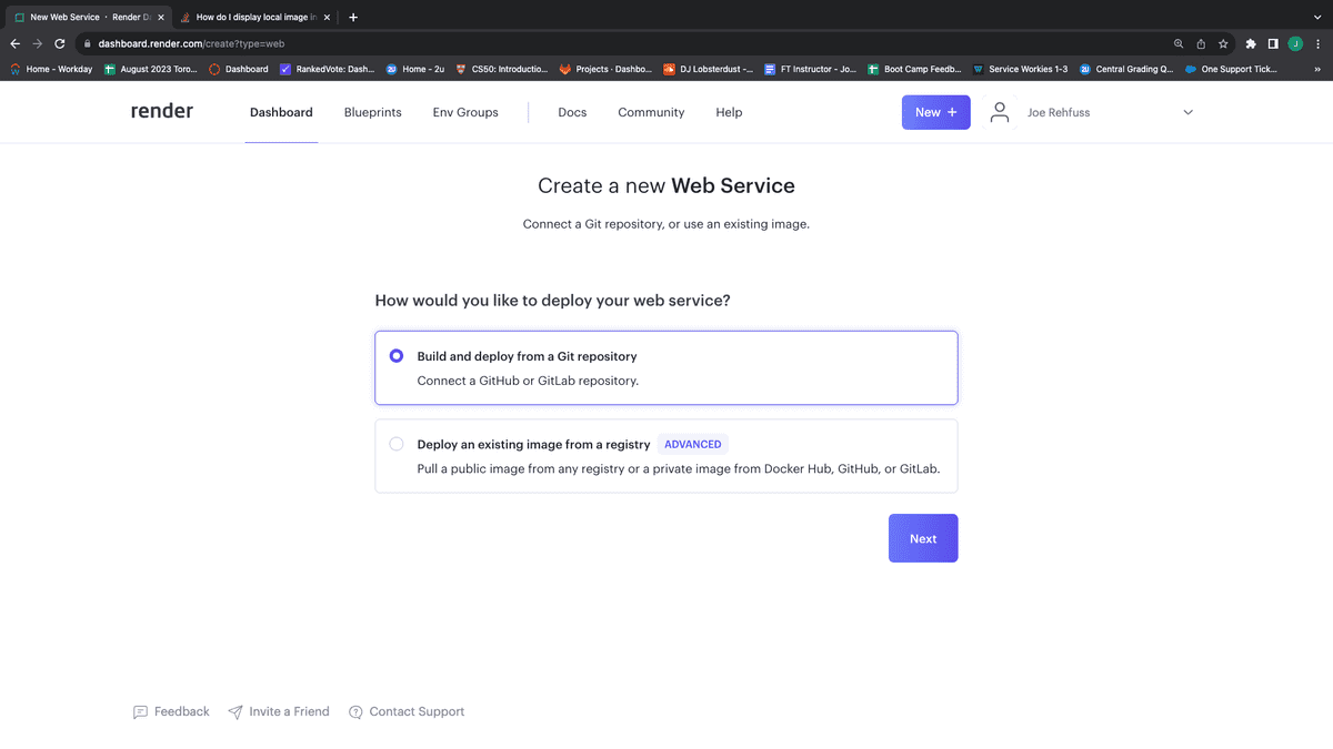 Screenshot of the Render page for building a new Web Service. Two radio buttons exist in a form; the first radio button has the text "Build and deploy from Git repository." A button with the text "Next" is toward the bottom of the page.