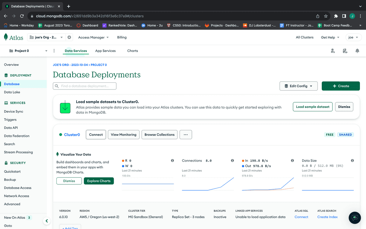 The MongoDB Atlas dashboard shows our cluster with a connect button in it.