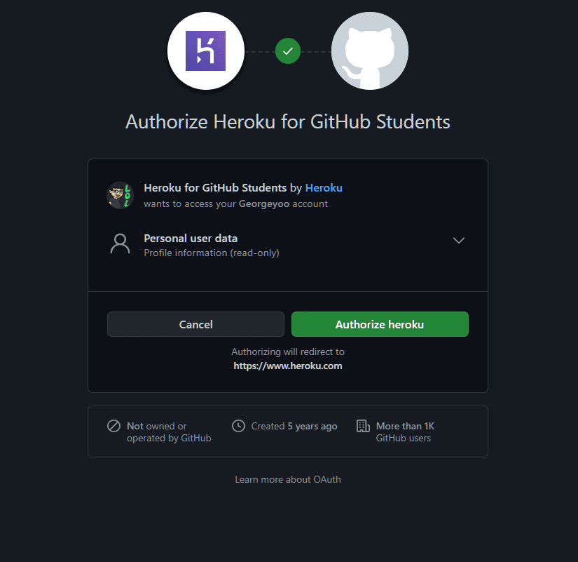 GitHub page with a prompt where the user can either authorize Heroku for GitHub students by clicking a green Authorize heroku button or reject authorizing Heroku for GitHub students by clicking a gray Cancel button.