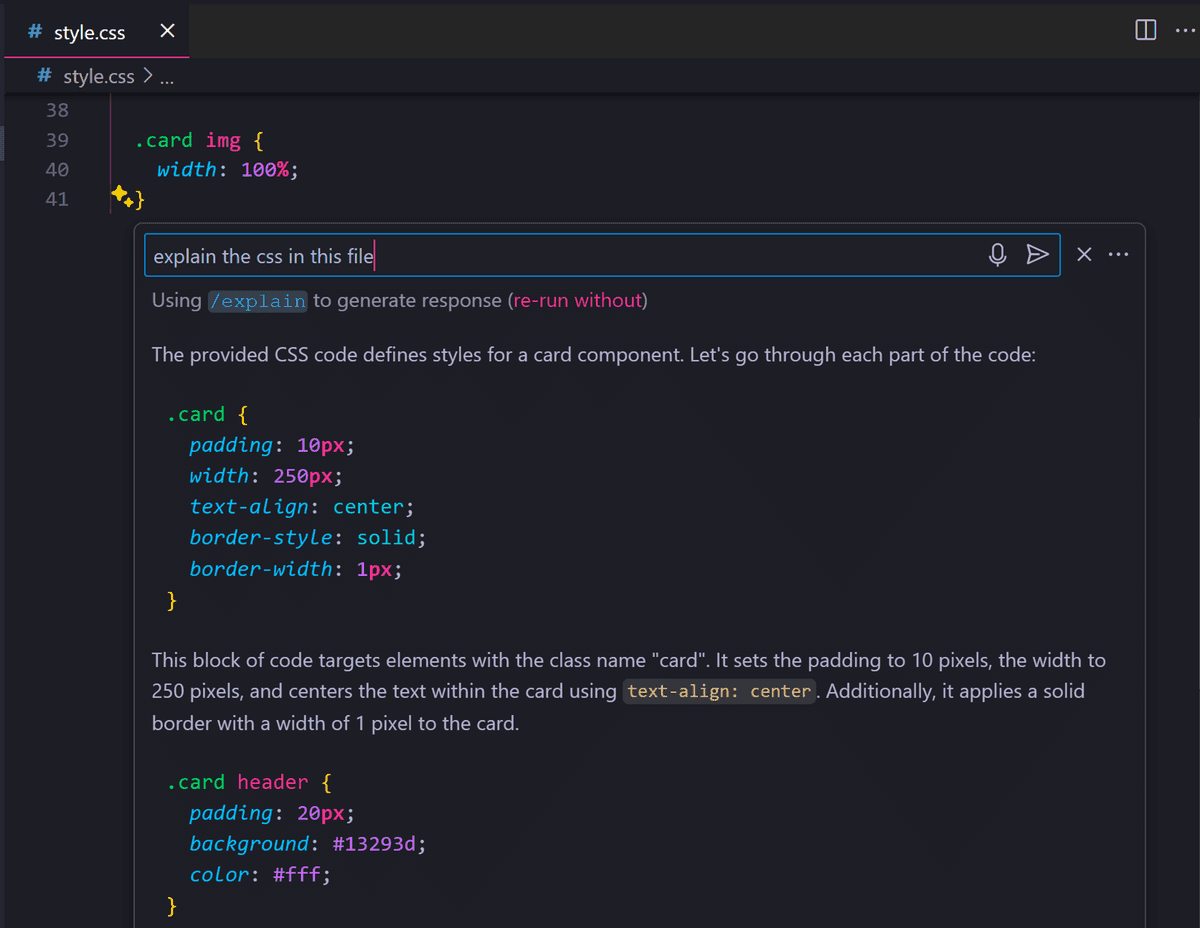 GitHub Copilot displaying an explanation of the styles used in the style.css file