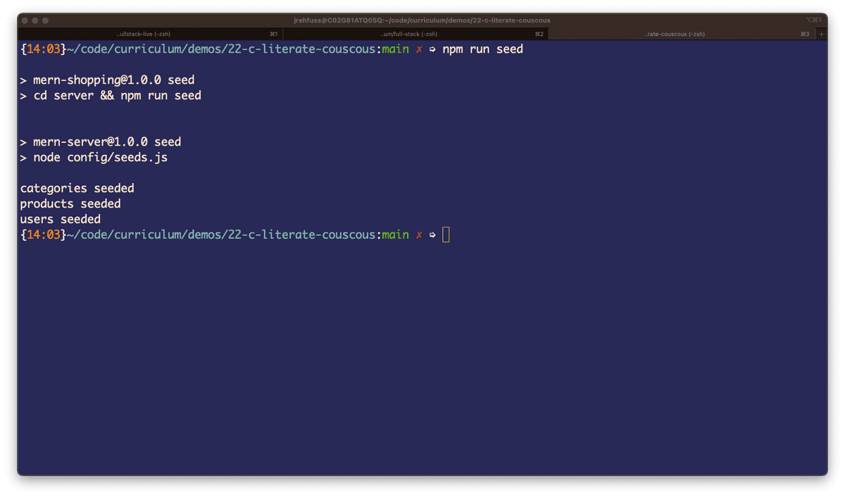 Screenshot terminal window with the command "npm run seed" executed.