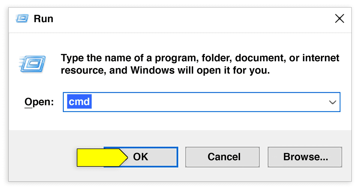 In the Run dialog window, "cmd" has been entered in a text box, next to the word "Open".