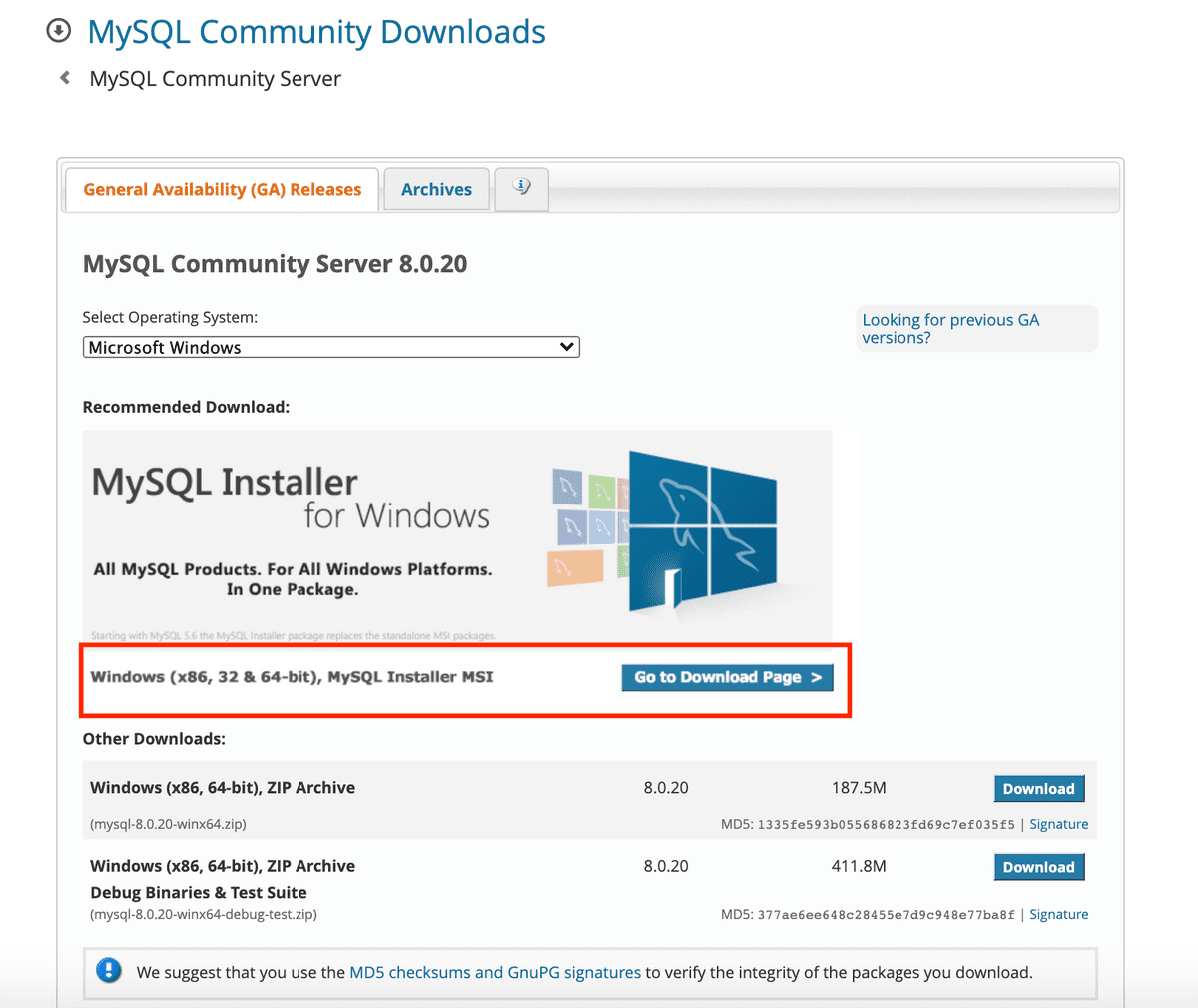 On the MySQL Community Downloads page, a red box outlines "Windows (x86, 32 & 64-bit), MySQL Installer MSI" and a blue "Go to Download Page" button.