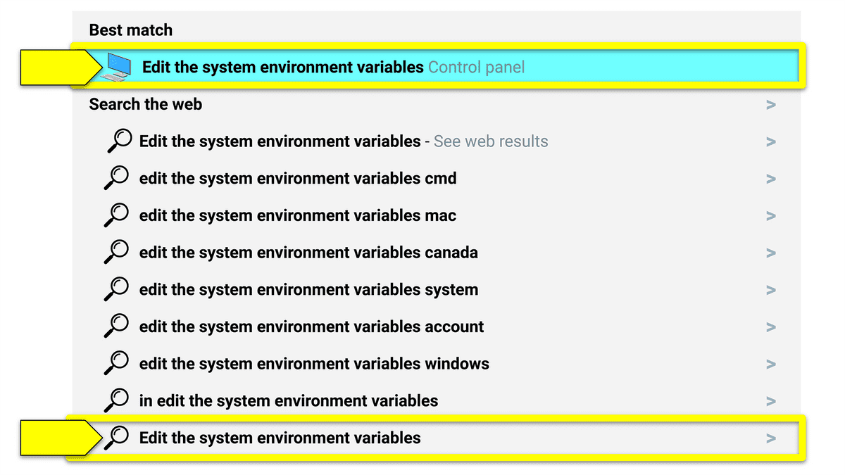 “Edit the system environment variables (Editar las variables de entorno del sistema)” aparece resaltado en la parte superior de los resultados de búsqueda.
