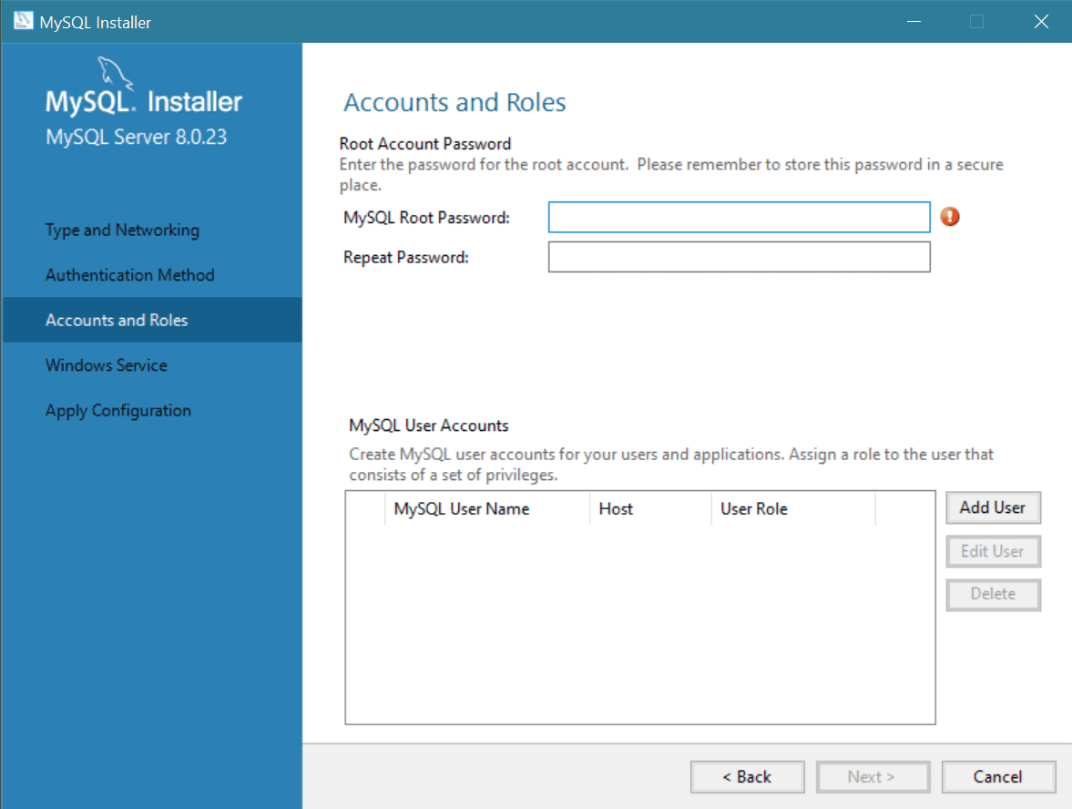 The Accounts and Roles screen features a field to enter and re-enter a password. 