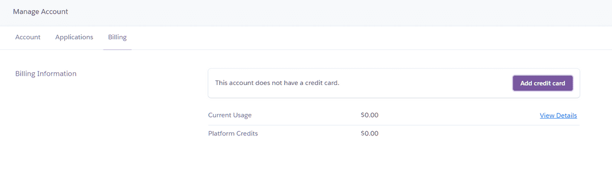 Página Administrar cuenta de Heroku con la pestaña de facturación seleccionada, con un botón púrpura Agregar tarjeta de crédito.