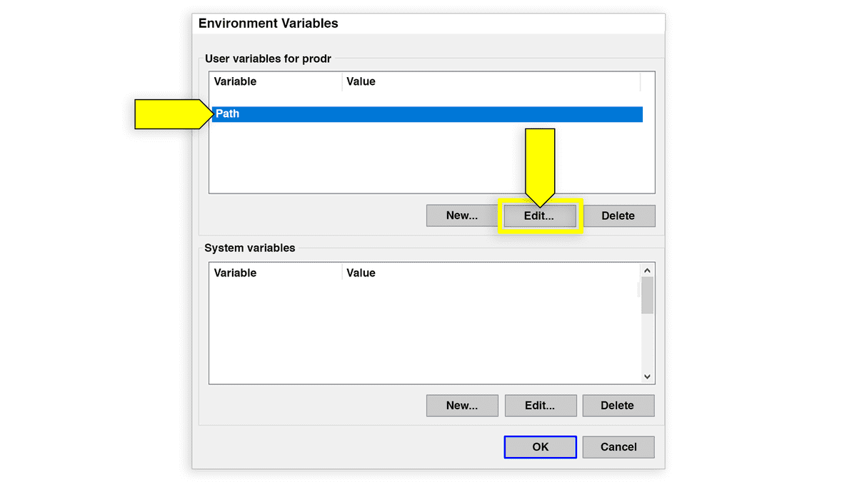 En la ventana Variables del entorno, se selecciona y resalta la ruta, con el botón “Editar...” también resaltado.