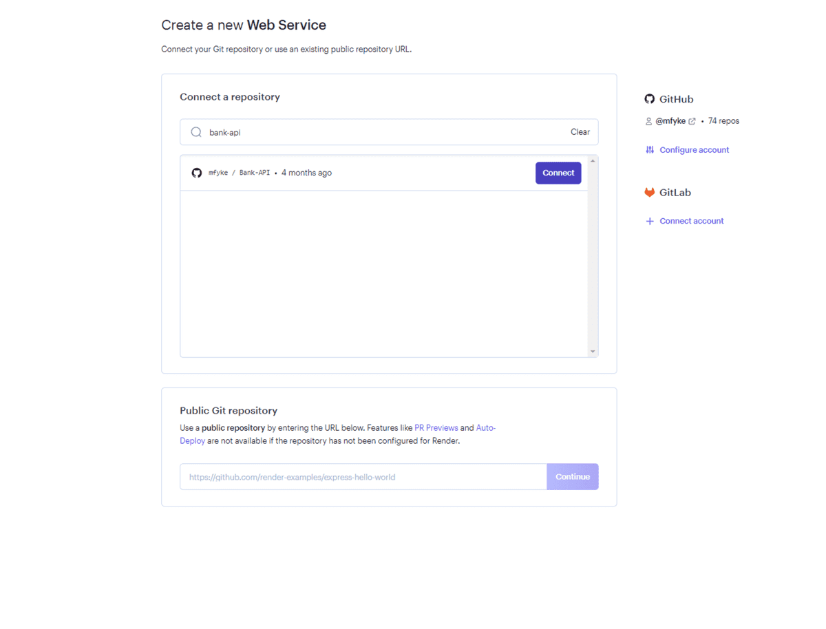 On the "Create a new Web Service" page, in a section at the top the text "bank-api" is typed into the search bar, and a matching github repository is listed below with a button that says "Connect".
