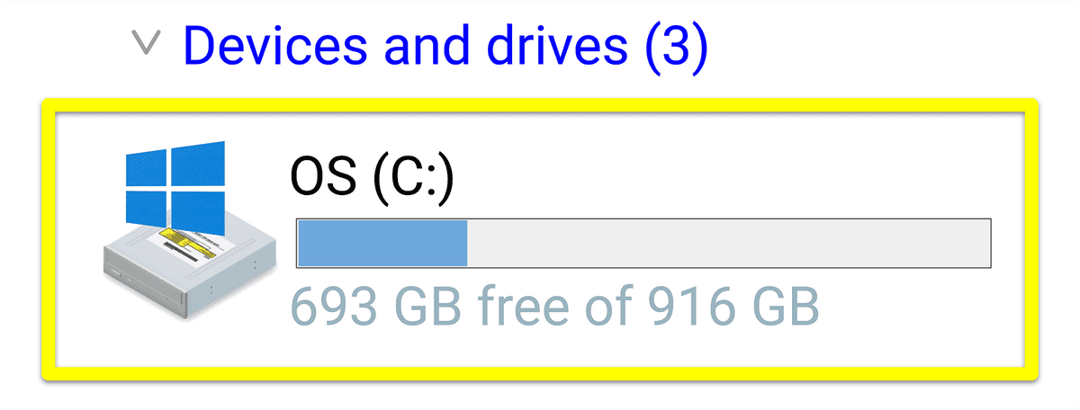 Under “Devices and drives,” the `C:` drive is highlighted.