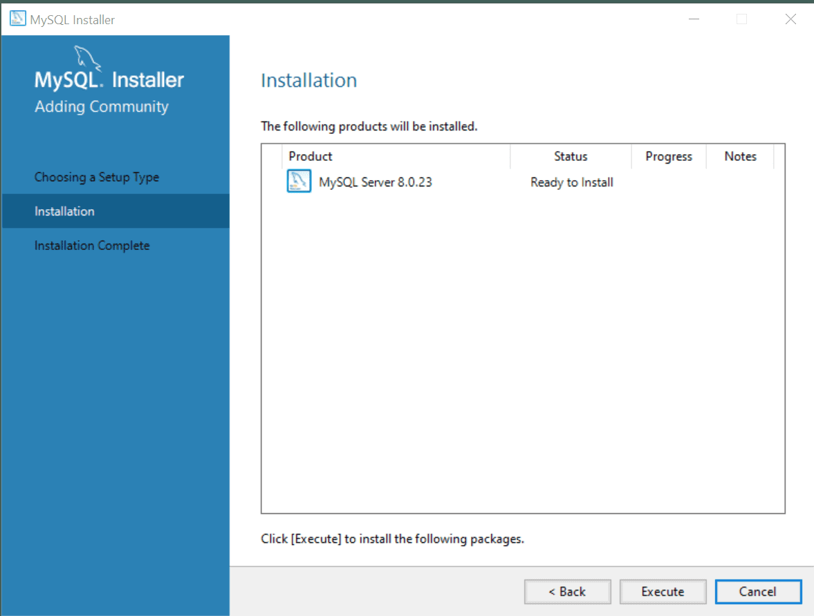 En “Install (Instalar)”, aparece el tipo de producto MySQL Server y el estado es “Ready to Install (Listo para instalar)”. El botón “Execute (Ejecutar)” aparece en la parte inferior derecha de la pantalla.