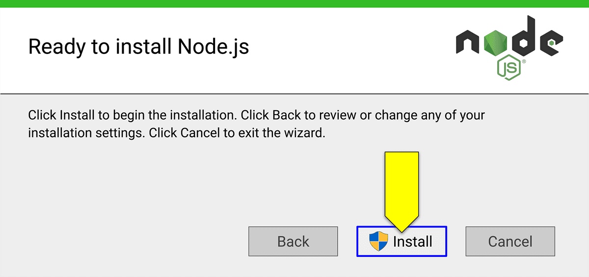 Asistente de configuración de Node.js con el botón Instalar resaltado