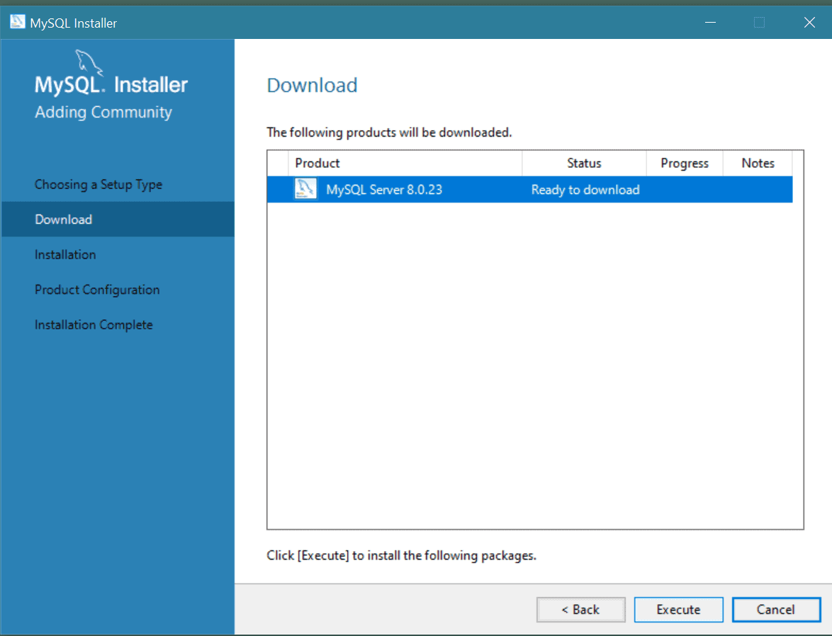 En la pantalla “Download (Descargar)”, aparece “MySQL Server 8.0.23” en “Product (Producto)” y el estado es “Ready to download (Listo para descargar)”. El botón “Execute (Ejecutar)” aparece en la parte inferior derecha de la pantalla.