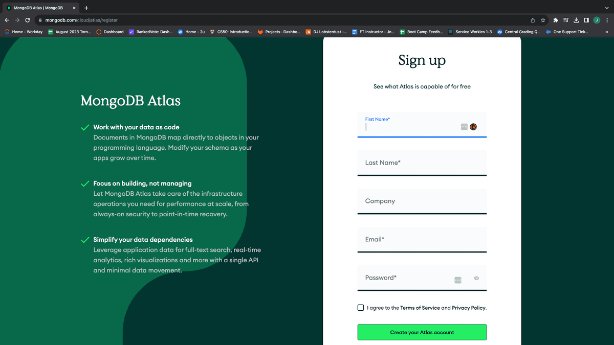 The MongoDB Atlas sign up page shows us a form to create an account.
