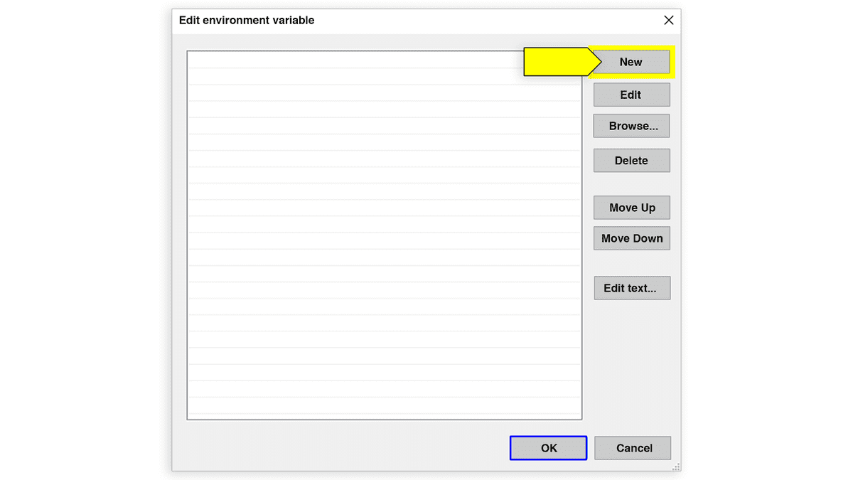 On the "Edit environment variable" window, the "New..." button is selected.
