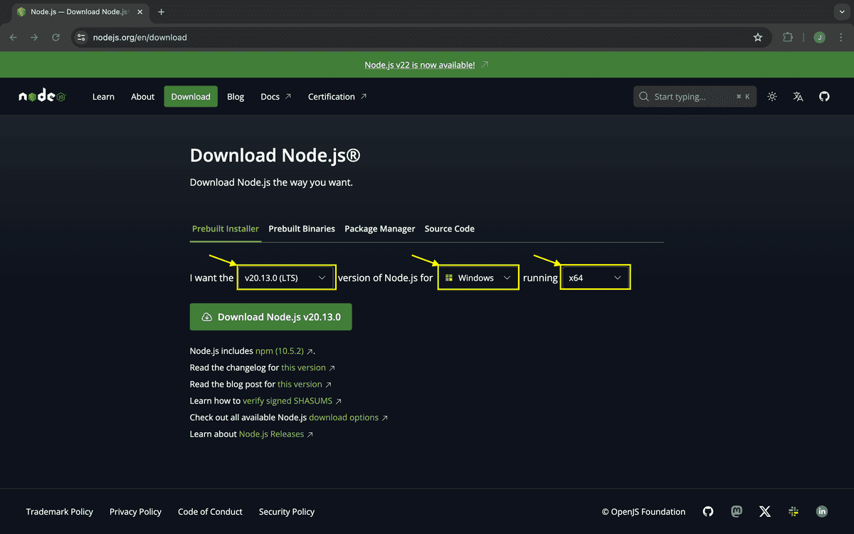 Node.js download page with LTS version of Node, Windows platform, and x64 architecture highlighted