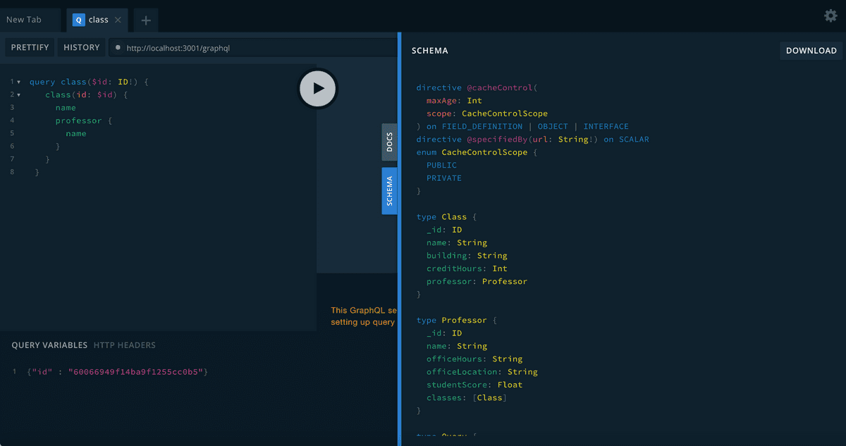 The GraphQL Playground is shown, with the Docs tab highlighted in blue. The left side of the playground displays a query, while the right side shows two Directives and two Object Types.