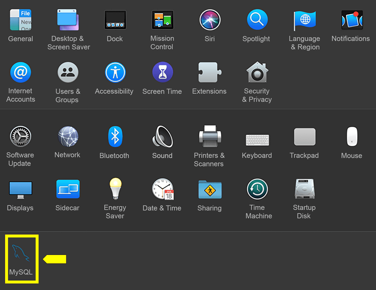 At the bottom of the System Preferences window, a yellow arrow points to the MySQL icon.