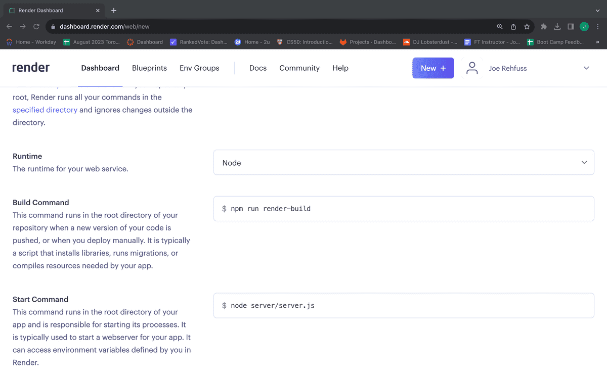 Screenshot of the Render create web service page partially scrolled from the top. An input with the label "Build Command" has been given the value of "npm install," and an input with the value of "start command" has been given the value "node index.js".