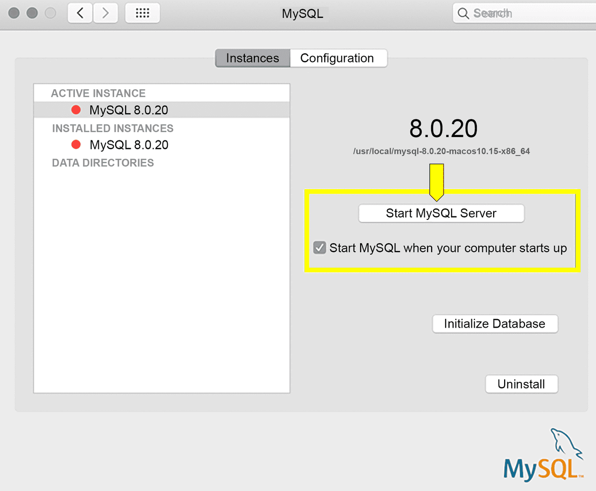 In a MySQL GUI, a yellow arrow points to the option to "Start MySQL when your computer starts up", which is selected.