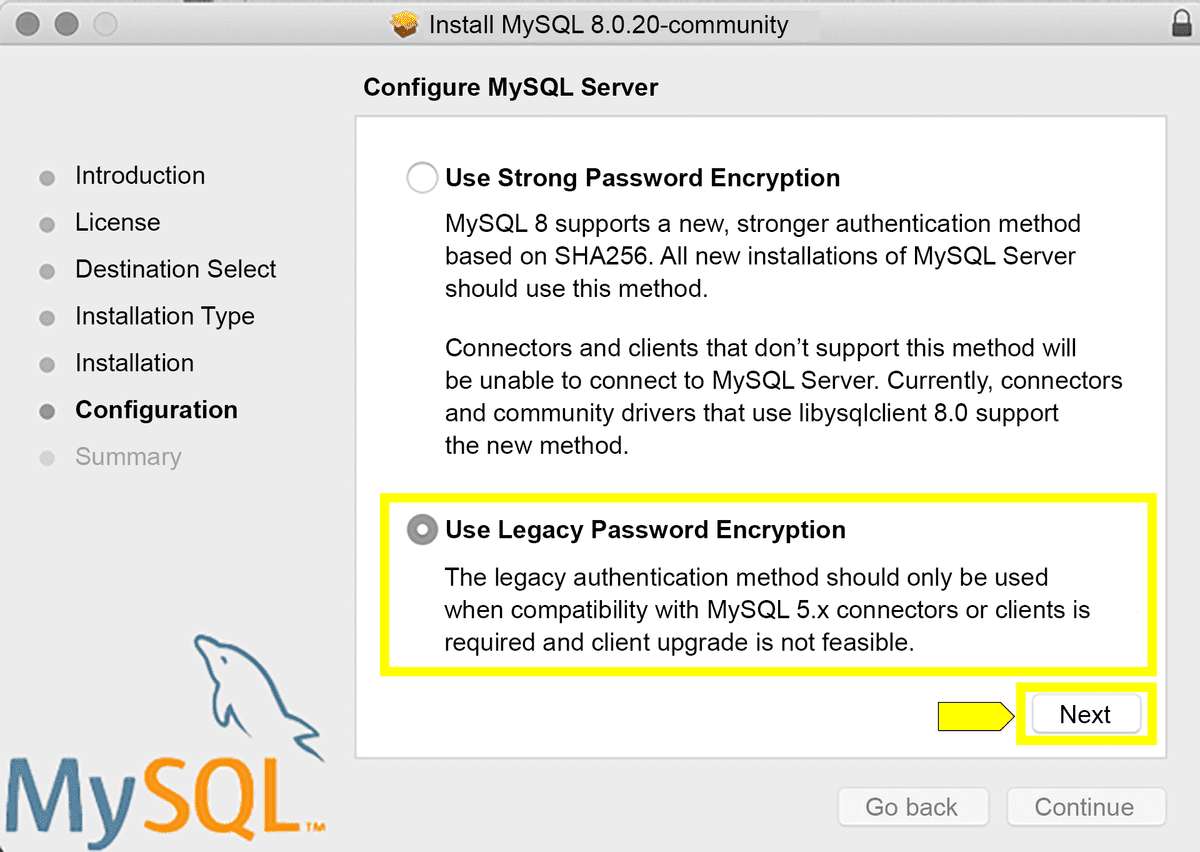 On the installation window, "Use Legacy Password Encryption" is selected.