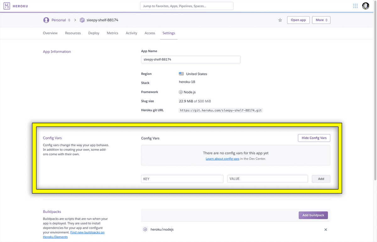 The Heroku application's setting tab shows configuration options for our app.