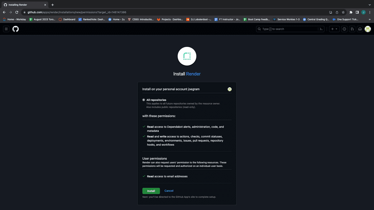 Screenshot of the GitHub allow permissions page. A radio button with the text "All repositories" is selected in the middle of the page, and a button with the text "Install" is towards the bottom of the page.