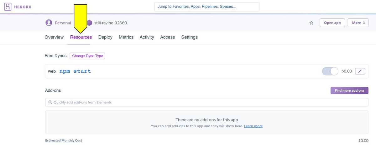 In the Heroku dashboard, the Resources tab has been selected.