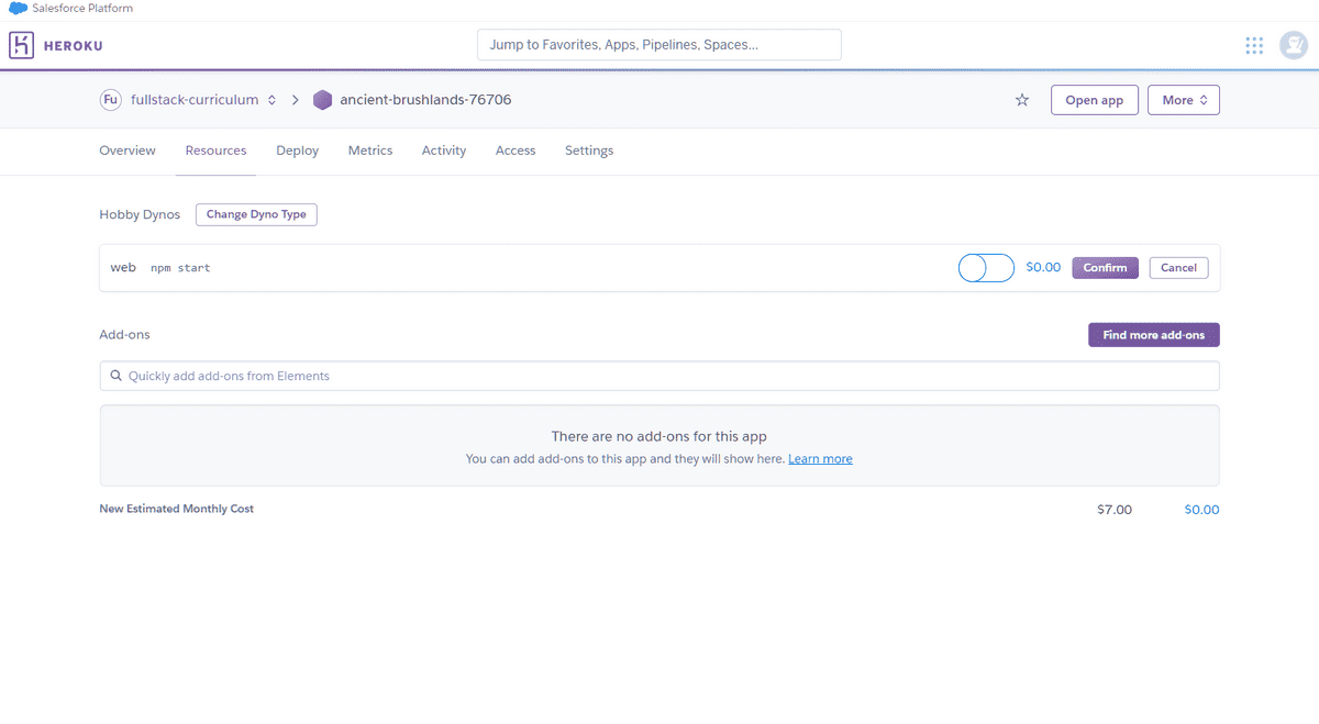 Resources tab of the selected application deployed on Heroku, with a toggle under the Hobby Dynos section set to the left.