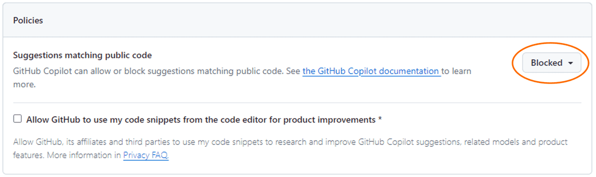 On the GitHub Copilot settings page, an orange ellipse outlines the "Blocked" option.