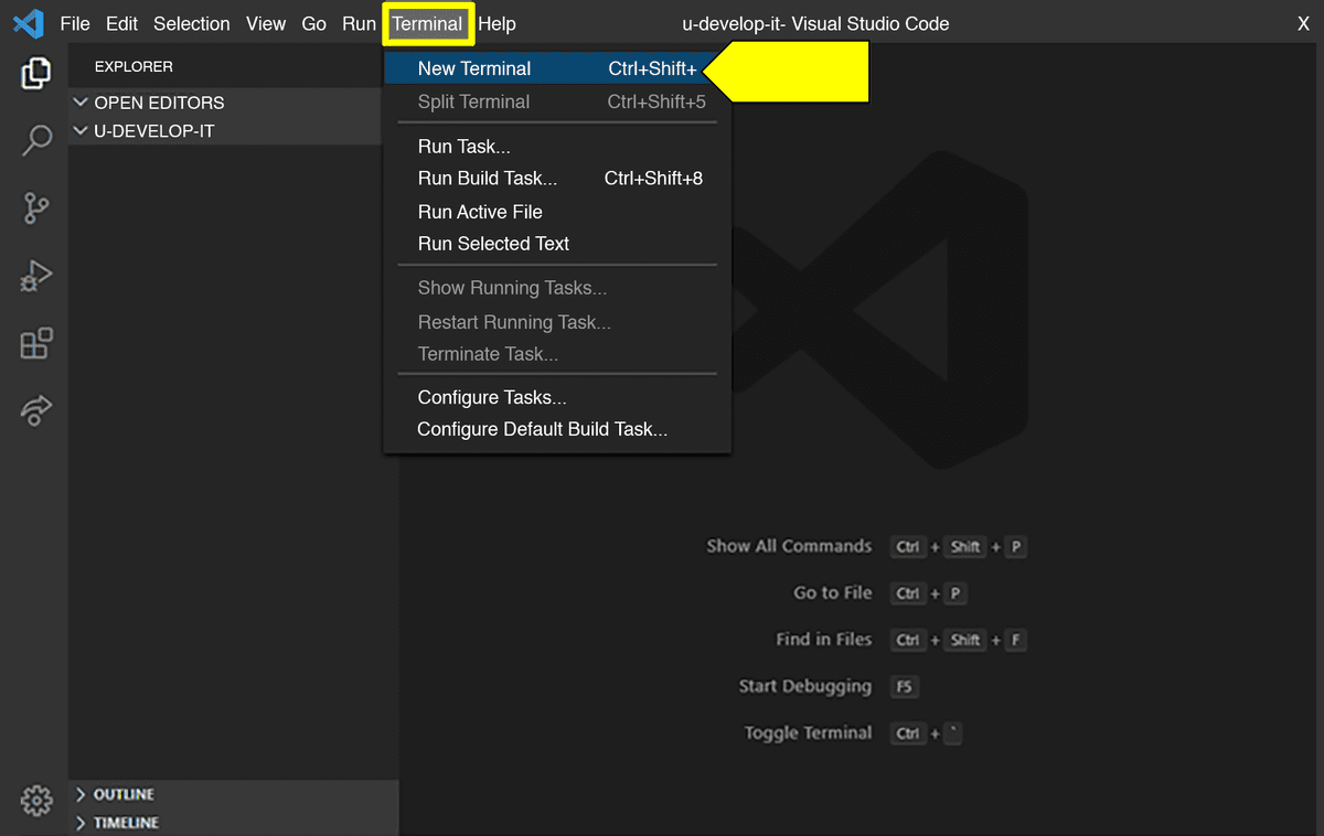 At the top of the Terminal dropdown menu in VS Code, New Terminal is highlighted.