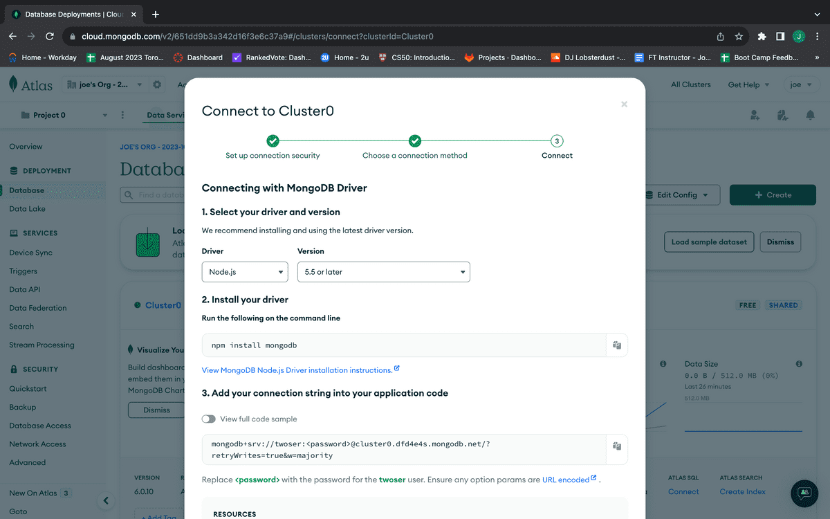 The connection modal now shows instructions for us to connect our database to our application.