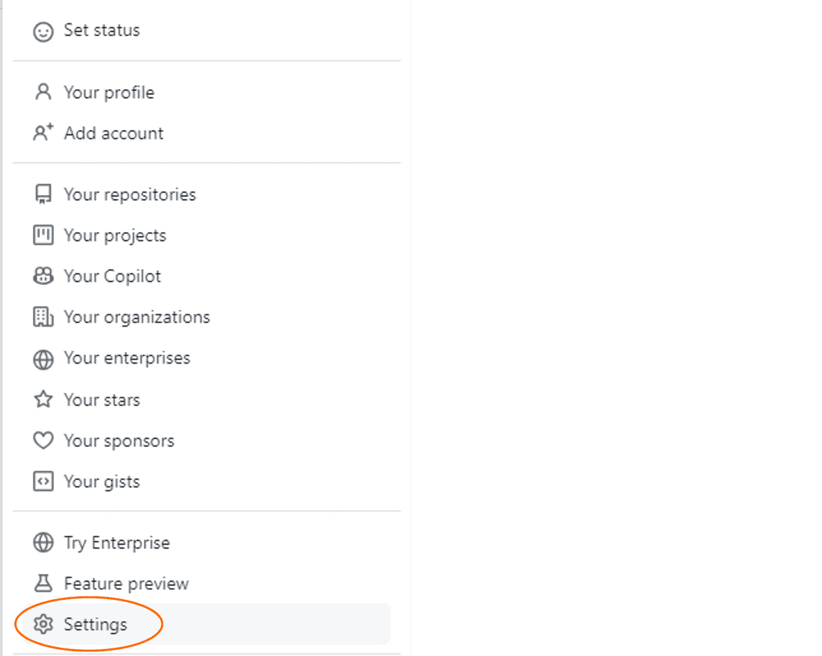 On the GitHub profile menu, an orange ellipse outlines the "Settings" option.