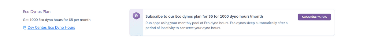 The Eco Dynos Plan subsection, "Subscribe to Eco" button on the right.